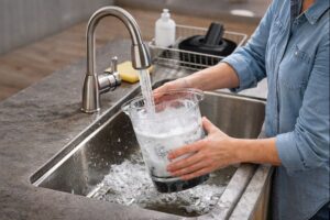 Person rinsing the KitchenAid K400 blender jar with soapy water in a kitchen sink for easy cleaning