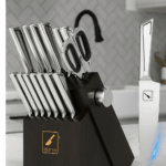 Imarku Knife Set G14 with stainless steel knives in dark wood block on modern kitchen countertop