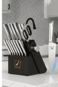 Imarku Knife Set G14 with stainless steel knives in dark wood block on modern kitchen countertop