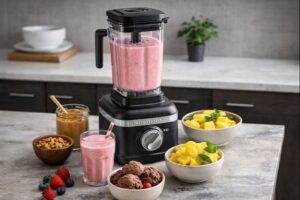 KitchenAid K400 blender blending a pink frozen fruit smoothie on a kitchen counter with berries and ingredients nearby