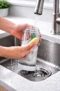 Person cleaning the Ninja Blast Max portable blender cup with water in a kitchen sink