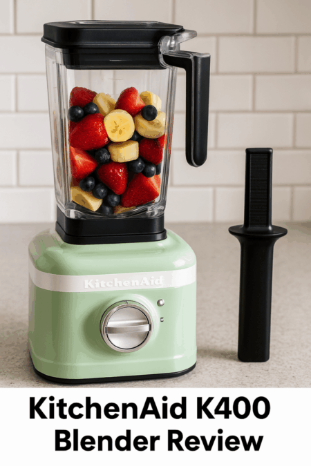 KitchenAid K400 blender in pistachio green on kitchen countertop with tamper tool