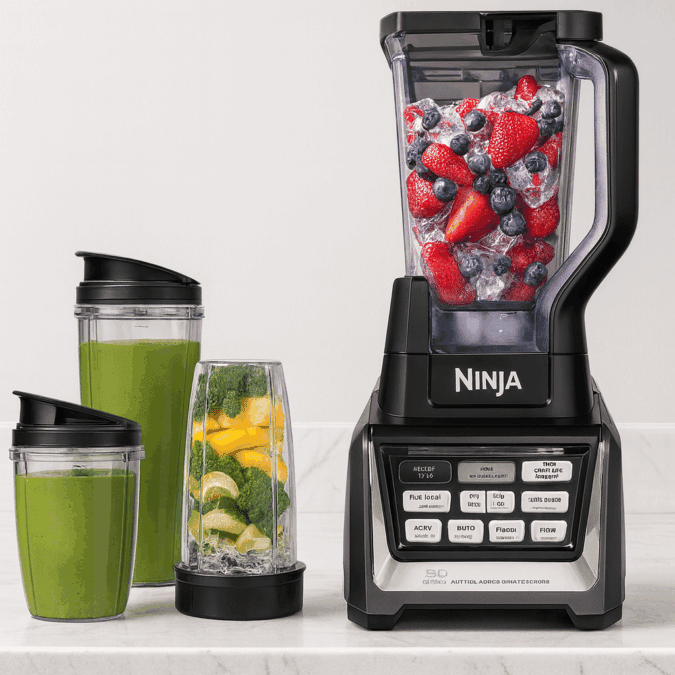 Ninja BL642 Nutri Ninja blender set on kitchen countertop with smoothie cups and ingredients.