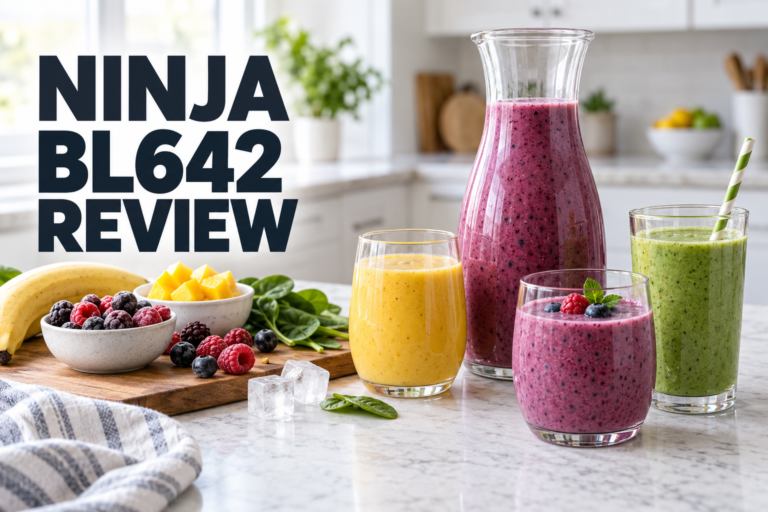 Smoothie carafe and three drinks for the Ninja BL642 review