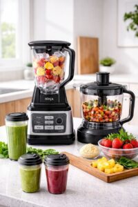 Ninja BL770 Mega Kitchen System blending a frozen fruit smoothie in a large countertop pitcher