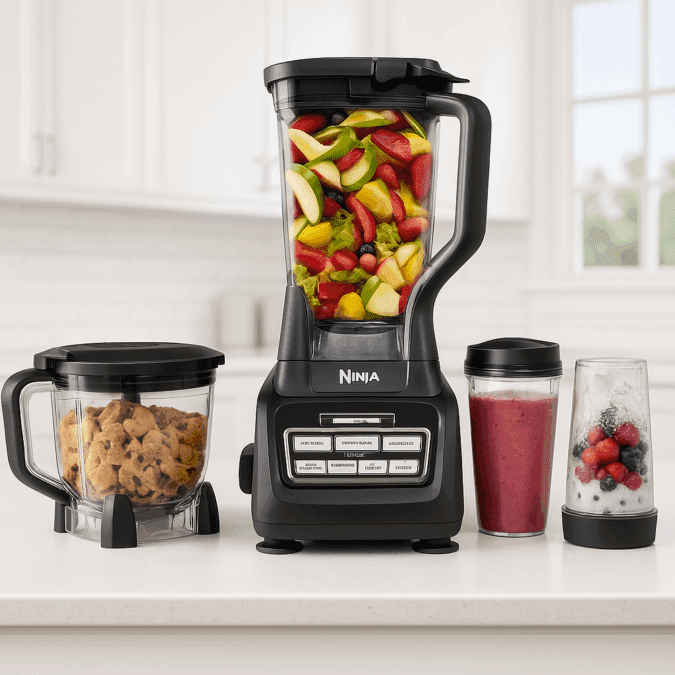 Ninja BL770 Mega Kitchen System on a kitchen countertop with blender, food processor bowl, and smoothie cups