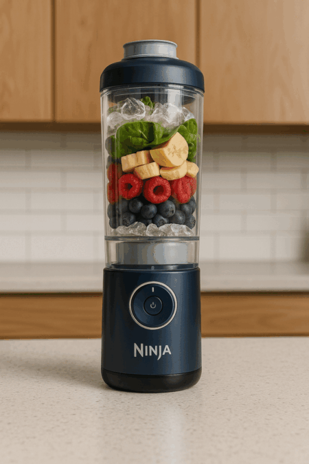 Ninja Blast Max Portable Blender on kitchen countertop with fruit and ice inside container