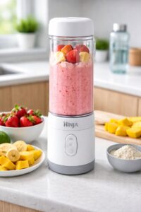 Ninja Blast Max portable blender blending a frozen fruit smoothie in a personal cup on a kitchen counter