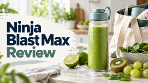 Ninja Blast Max review graphic with portable green smoothie and fresh ingredients