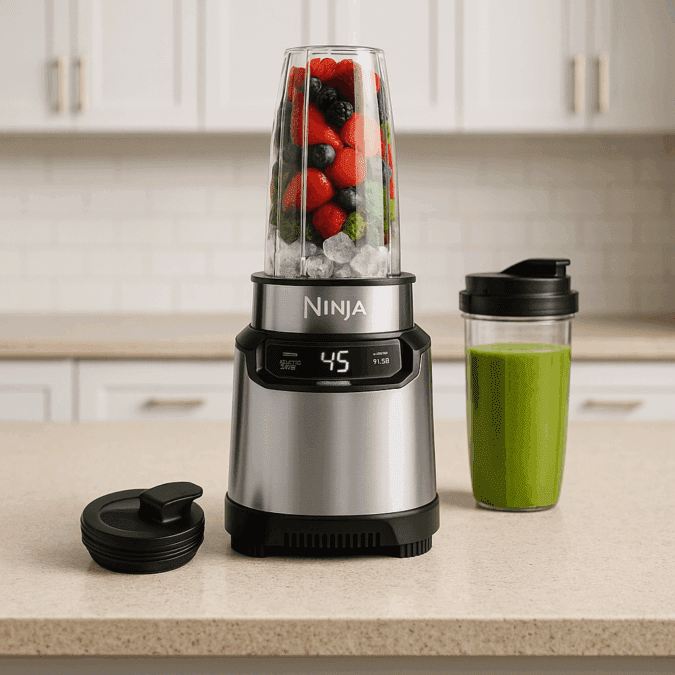 Ninja BN401 personal blender on a kitchen countertop with smoothie cup