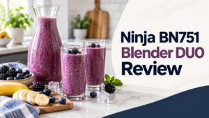 Ninja BN751 Blender DUO review graphic with berry smoothie carafe and individual servings