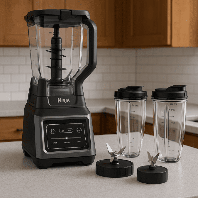 Ninja BN751 Professional Plus DUO blender with cups and blade attachments on kitchen countertop