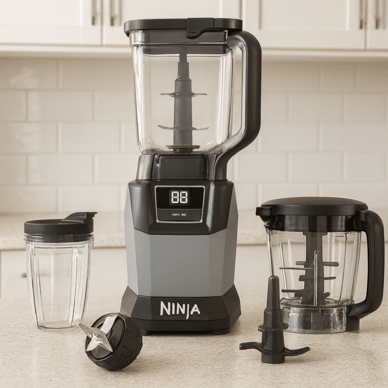 Ninja Compact Kitchen System with blender base, food processor bowl, cup, and blade attachments on kitchen countertop