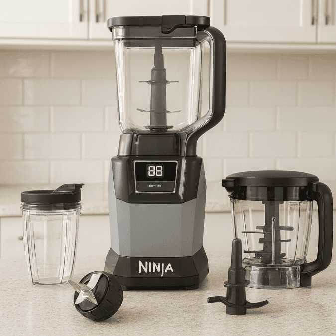 Ninja Compact Kitchen System with blender base, food processor bowl, cup, and blade attachments on kitchen countertop