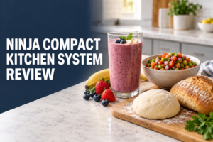 Smoothie, chopped vegetables and dough for the Ninja Compact Kitchen System review