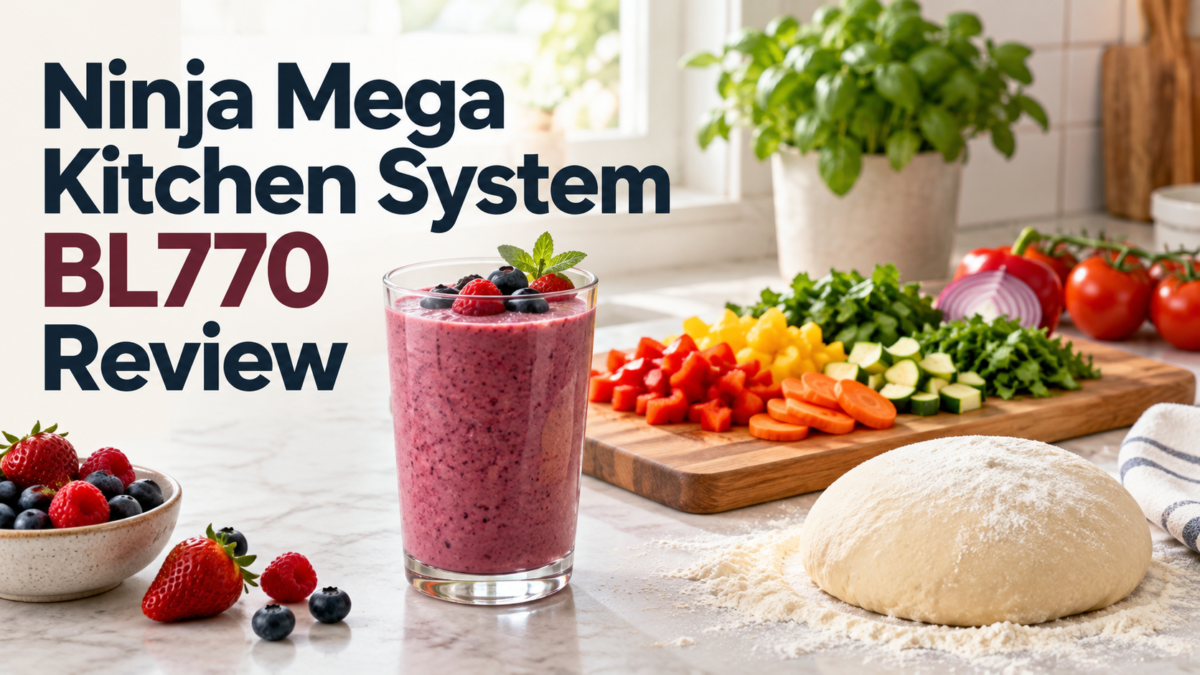 Ninja Mega Kitchen System BL770 review graphic with smoothie, chopped vegetables and bread dough