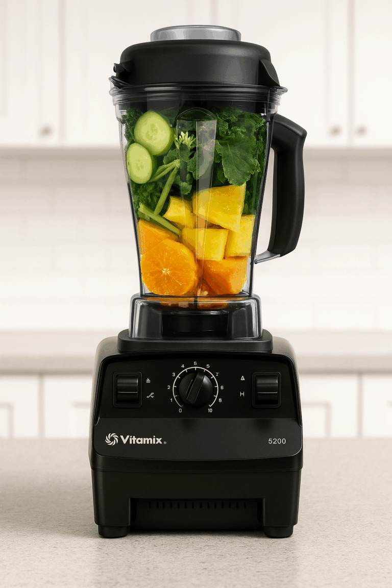 Vitamix 5200 blender on a kitchen countertop with fruit and greens in container