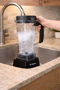 Vitamix 5200 blender container being washed in kitchen sink for routine cleaning