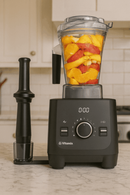 Vitamix Ascent X2 blender on kitchen countertop with fruit-filled container and tamper