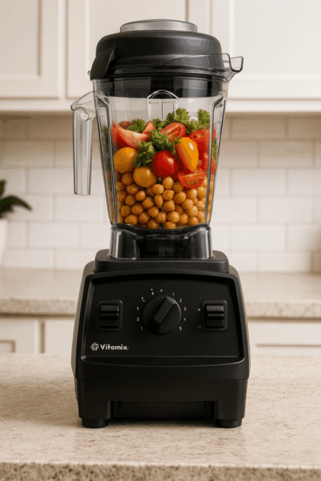 Vitamix E310 Explorian Blender with vegetables and chickpeas in container on kitchen countertop