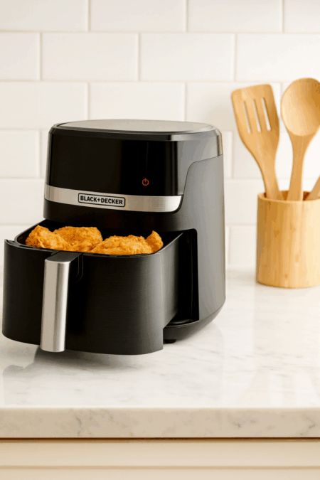 Black+Decker Purifry Air Fryer with fried chicken on kitchen countertop
