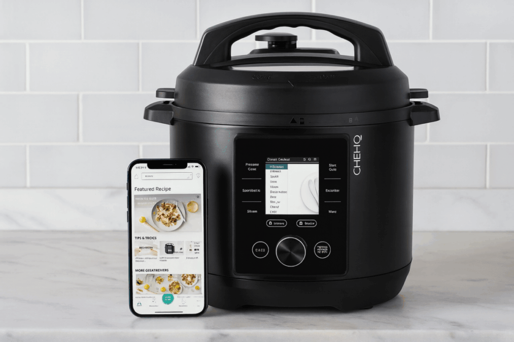 CHEF iQ Smart Pressure Cooker with smartphone app on modern kitchen countertop