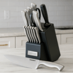 Cuisinart Block Knife Set with stainless steel knives on modern kitchen countertop