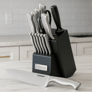 Cuisinart Block Knife Set with stainless steel knives on modern kitchen countertop