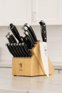 HENCKELS Premium 15-Piece Knife Set with wooden block on modern kitchen countertop