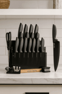 Home Hero Kitchen Knife Set with acrylic block on modern kitchen countertop