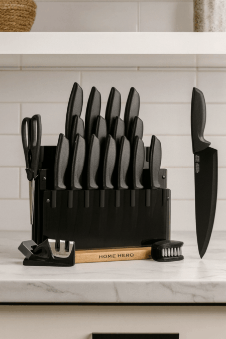 Home Hero Kitchen Knife Set with acrylic block on modern kitchen countertop