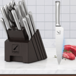 Imarku 16-Piece Stainless Steel Kitchen Knife Set with dark wooden block on a modern kitchen countertop