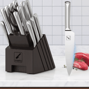 Imarku 16-Piece Stainless Steel Kitchen Knife Set with dark wooden block on a modern kitchen countertop