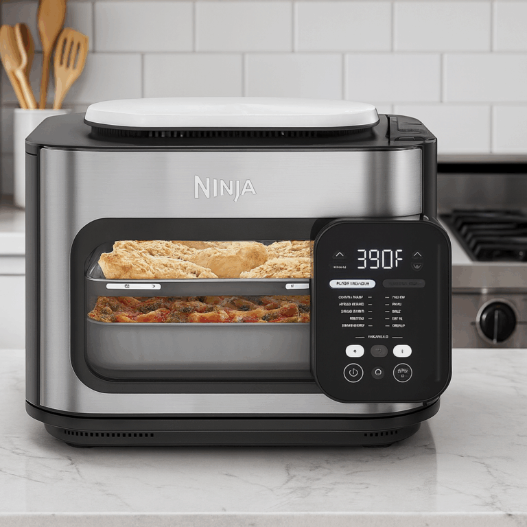 Ninja Combi Cooker on modern kitchen countertop with food inside