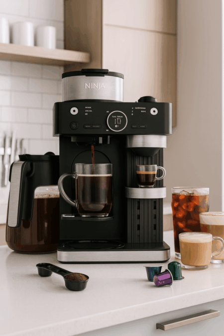 Ninja Espresso & Coffee Barista System CFN601 brewing hot, iced, and specialty drinks