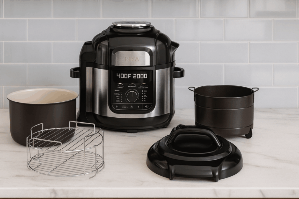 Ninja FD401 Foodi 12-in-1 Deluxe XL 8-quart Pressure Cooker & Air Fryer with accessories on a modern kitchen countertop