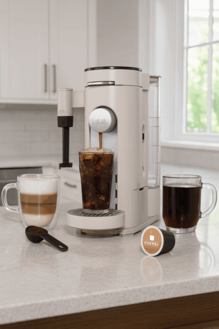 Ninja PB051ST Pod & Grounds coffee maker brewing iced coffee