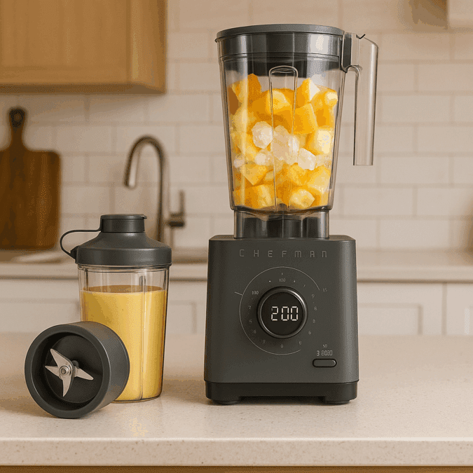 Chefman Obliterator blender on kitchen countertop with fruit-filled container, smoothie cup, and blade attachment