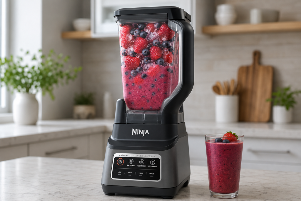 Full-size Ninja BN701 pitcher blender prepared for a frozen drink recipe