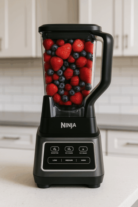 Ninja BN701 Professional Plus Blender on kitchen countertop with berry-filled container