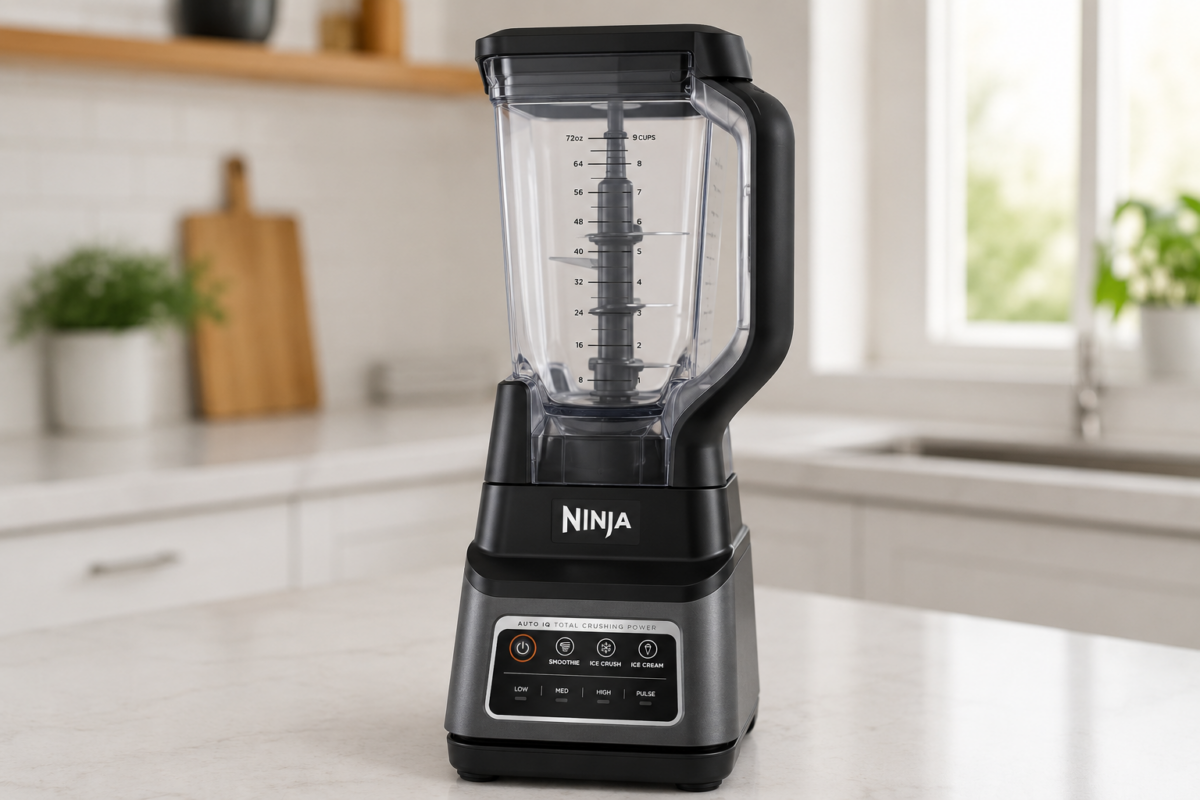 Ninja BN701 Professional Plus Blender with its pitcher on a kitchen counter