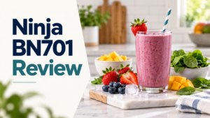 Ninja BN701 review graphic with berry smoothie and fresh fruit