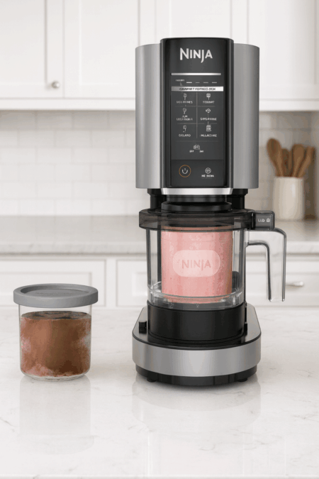 Ninja NC301 CREAMi ice cream maker on modern kitchen counter with frozen desserts