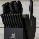 HUNTER.DUAL 19-Piece Kitchen Knife Set with black knife block on modern kitchen countertop