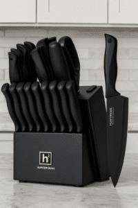 HUNTER.DUAL 19-Piece Kitchen Knife Set with black knife block on modern kitchen countertop