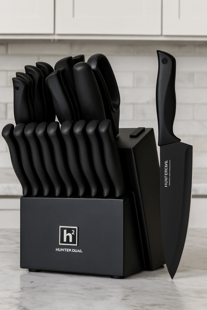 HUNTER.DUAL 19-Piece Kitchen Knife Set with black knife block on modern kitchen countertop