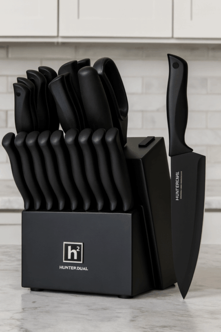 HUNTER.DUAL 19-Piece Kitchen Knife Set with black knife block on modern kitchen countertop