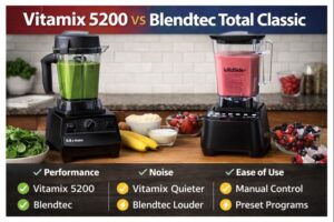 Vitamix 5200 and Blendtec Total Classic blending smoothies to compare performance and texture