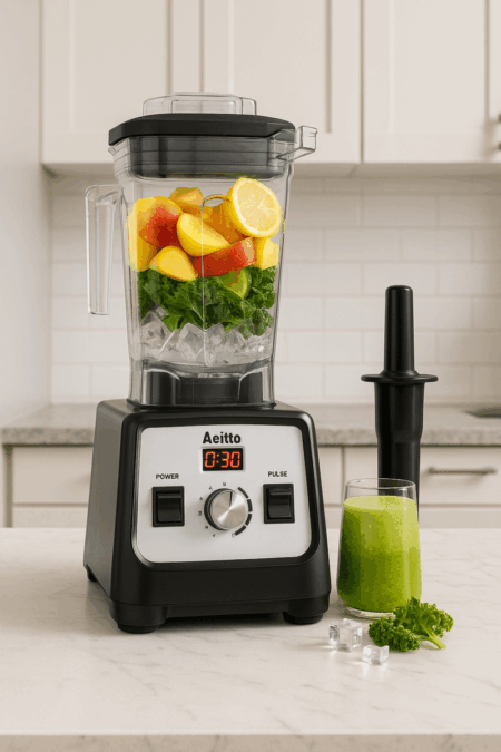 Aeitto 1500 watt blender on light kitchen countertop with fruits, kale, and ice inside