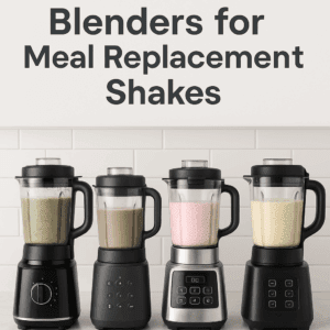 Four modern countertop blenders filled with meal replacement shakes in chocolate, vanilla, strawberry, and green varieties on a clean kitchen counter.